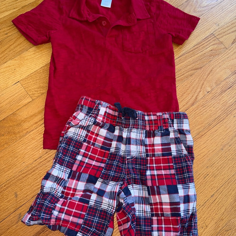 Red Polo Shirt and Plaid Shorts Set